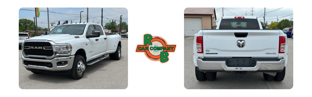 Exterior view of R&B Car Company South Bend showcasing a lineup of used Ram trucks in various colors and models.